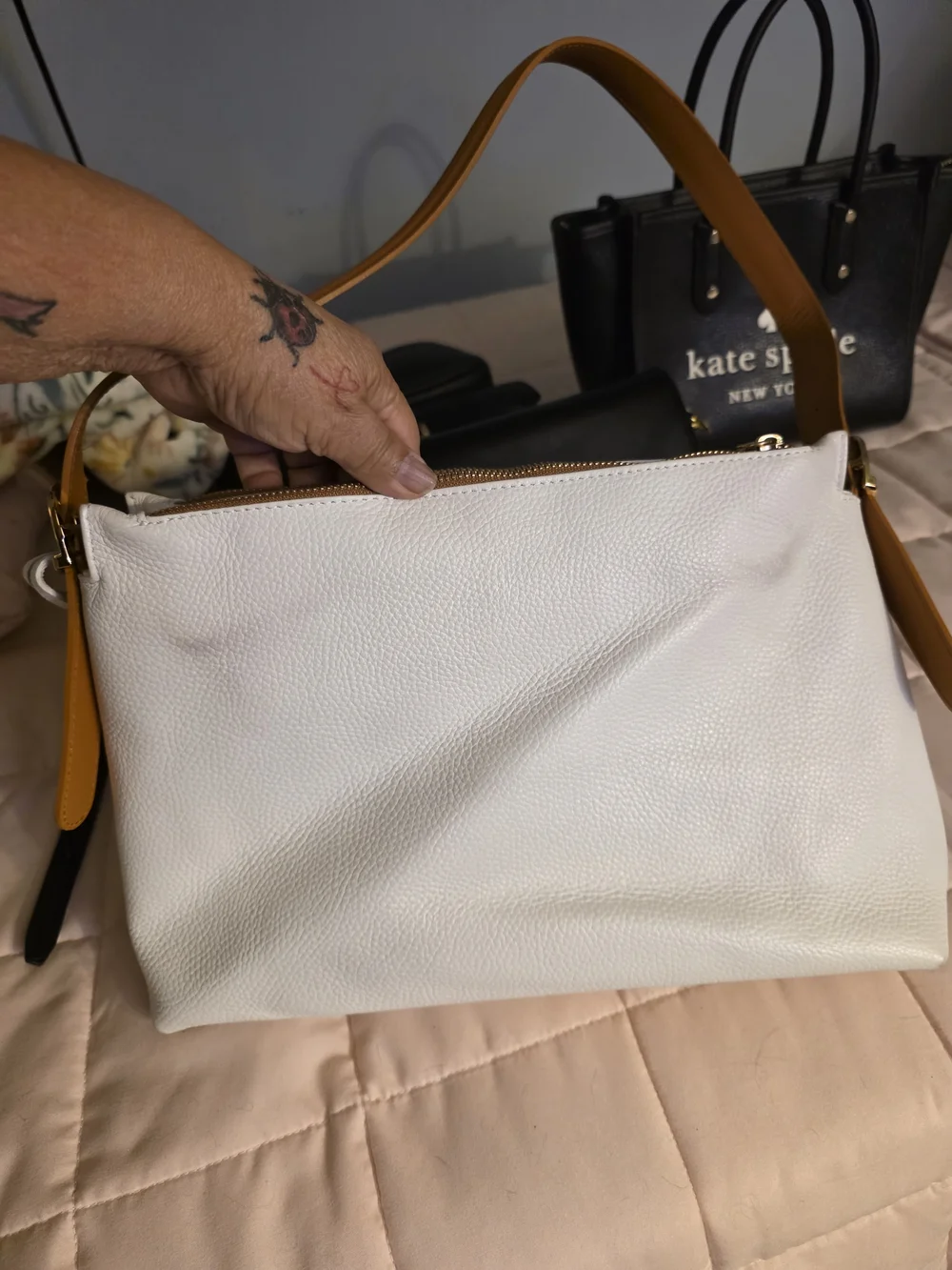 VALENTINA White Leather Shoulder Bag with Tan Strap
